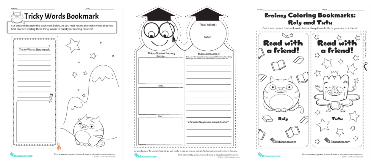 Three design your own bookmarks worksheets from Education.com