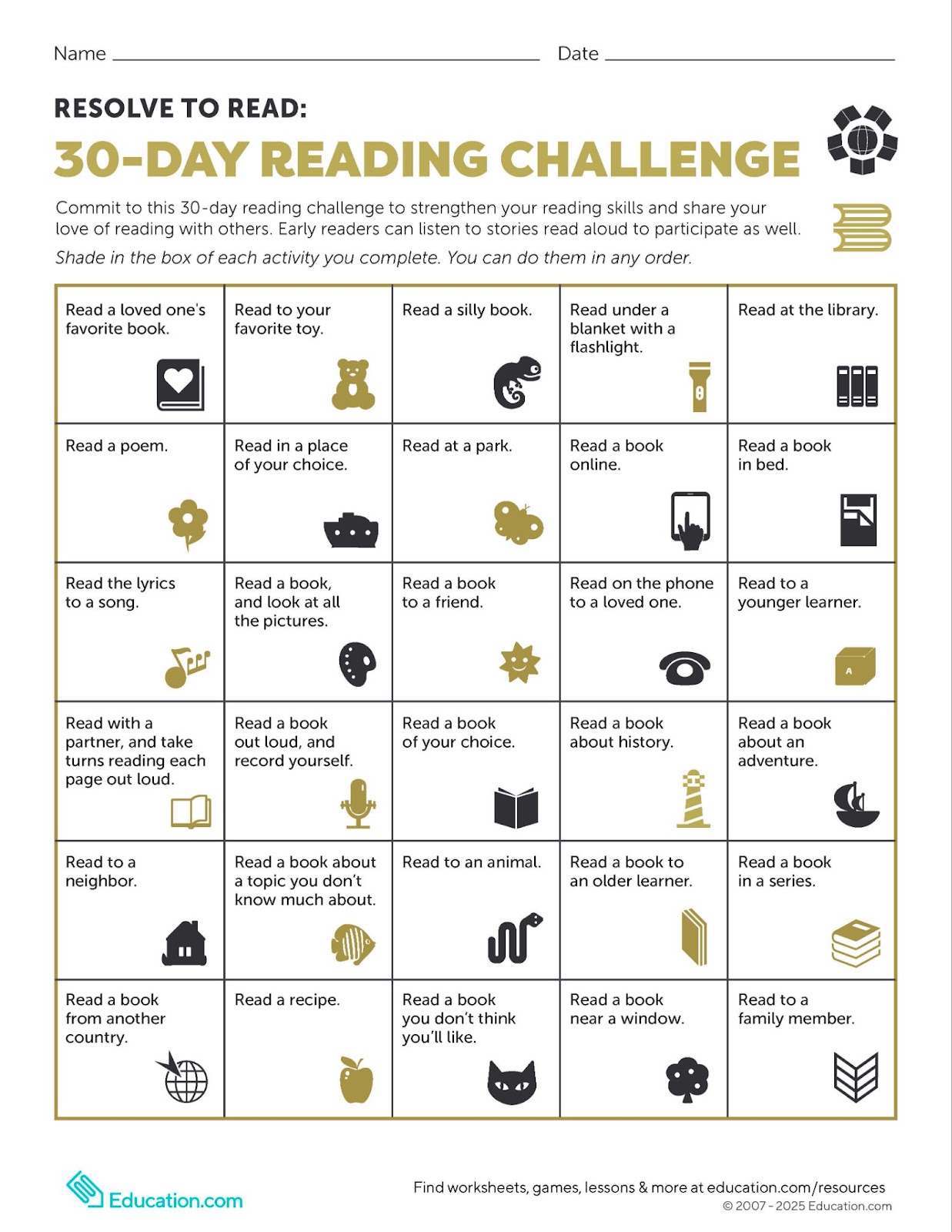 Education.com worksheet titled Resolve to Read: 30-Day Reading Challenge
