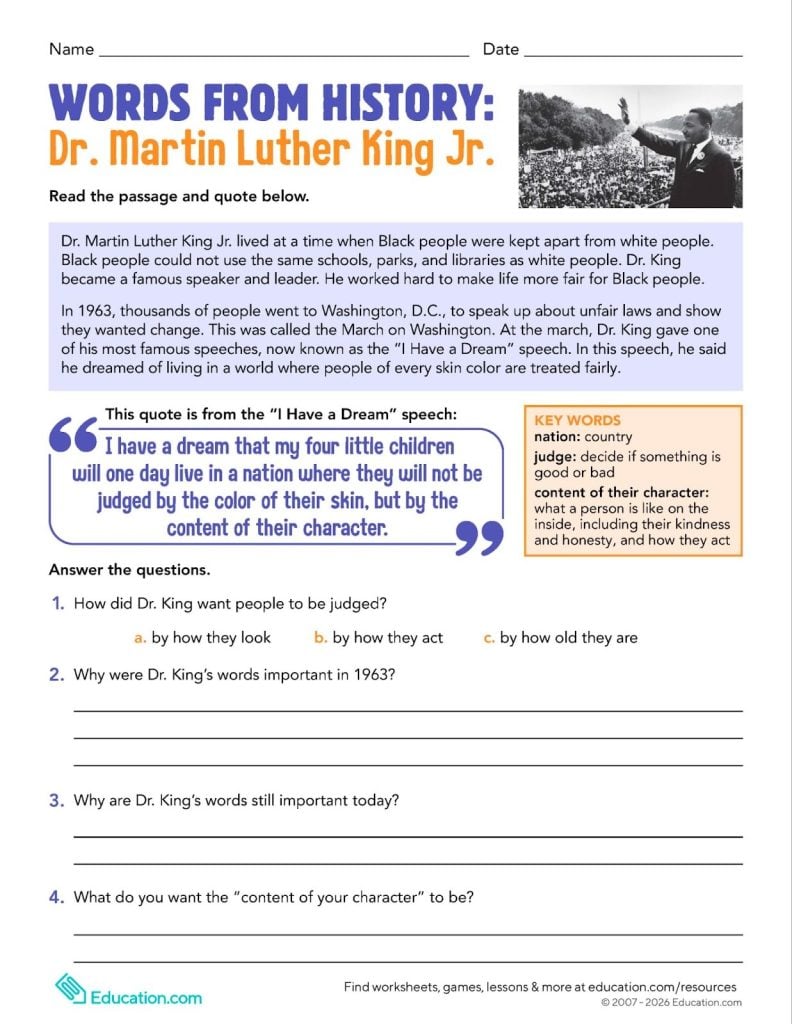 New Martin Luther King Jr. worksheets for grades 2–8